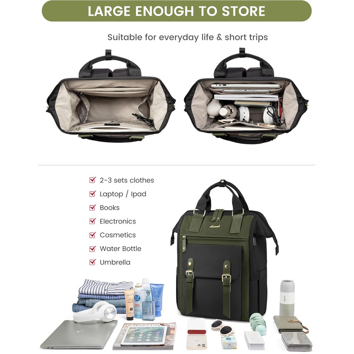 LOVEVOOK Рюкзак для жінок великий, водонепроникний, рюкзак для подорожей, ручна поклажа, рюкзак для літака з кишенею для кабелю, сумка для ноутбука, рюкзак для щодня, для школи, університету, бізнесу, подорожей (15.6', армійний зелений + темно-зелений)
