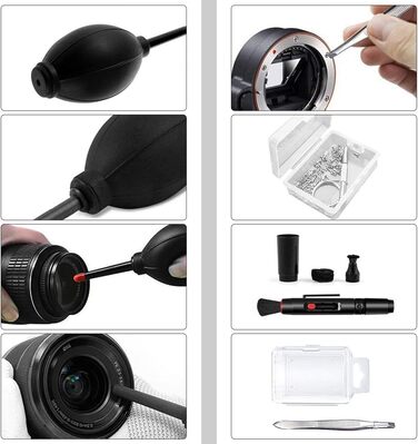 Набір для чищення камери 20-в-1: об'єктиви, фільтри, смартфони. Комплектація: стік, щітка, повітряний дмухник, мікрофібра.