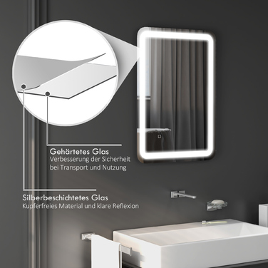 Дзеркало Kleankin Bad Spiegel LED 50 x 70 см з 3 кольорами світла та сенсорним вимикачем, IP44, автоматичне проти запотівання, функція пам'яті, скло Hartglas, срібний