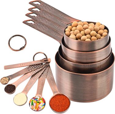 Measuring cup and spoon set, copper measuring cups and spoons, metal measuring cups, spoons, 4 kitchen measuring cups & 5 measuring spoons & 1 leveling tool, metric baking measuring cups and spoons