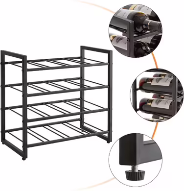 IBUYKE Wine Rack Metal, Freestanding Wine Rack Storage, 4-Tier 16 Bottle Rack, For Bar Counter, Restaurant, Kitchen, Table Rack Wine Holder, Black TMJ903H Metal 16 Bottles