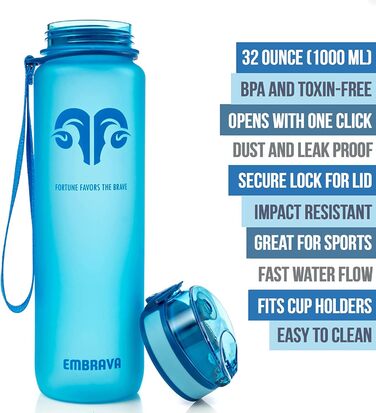 Embrava Best Sport Water Bottle - 1000ml - fast-flowing, flip-top leak-proof lid that opens with a click - non-toxic, BPA-free & eco-friendly Copolyester Tritan plastic (Pure Blue)