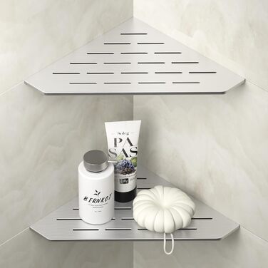 Bernkot Corner Shower Shelf 254mm Matt Black 304 Stainless Steel Pentagonal Corner Shelf Recessed Bathroom Storage Shampoo Holder Organizer Kitchen Shelf Rack, No Drilling, Silver Brushed, 2 Pieces
