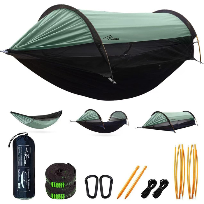 Гамак-намет для кемпінгу з москітною сіткою та сонцезахистом, 290x140 см, великий простір, багатофункціональний, легкий, з ременями для кріплення до дерева, підлоговий намет для відпочинку на природі, пішохідний туризм, зелений