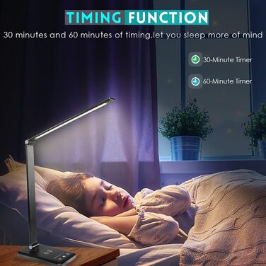Настільна LED лампа BIENSER 20W з бездротовою зарядкою та USB-портом, 10 рівнів яскравості, 5 режимів світла, таймером та функцією пам'яті, чорна