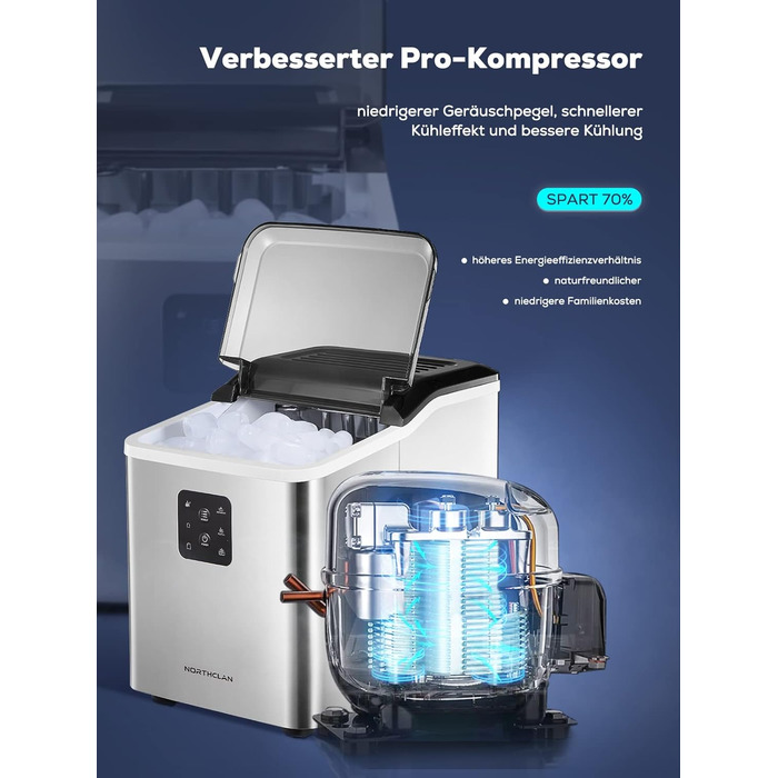 NORTHCLAN Stainless Steel Ice Maker - 14kg Capacity, 2 Sizes, Self-Cleaning, Fast Ice Production, LED Display, 2L Tank, Includes Scoop & Basket