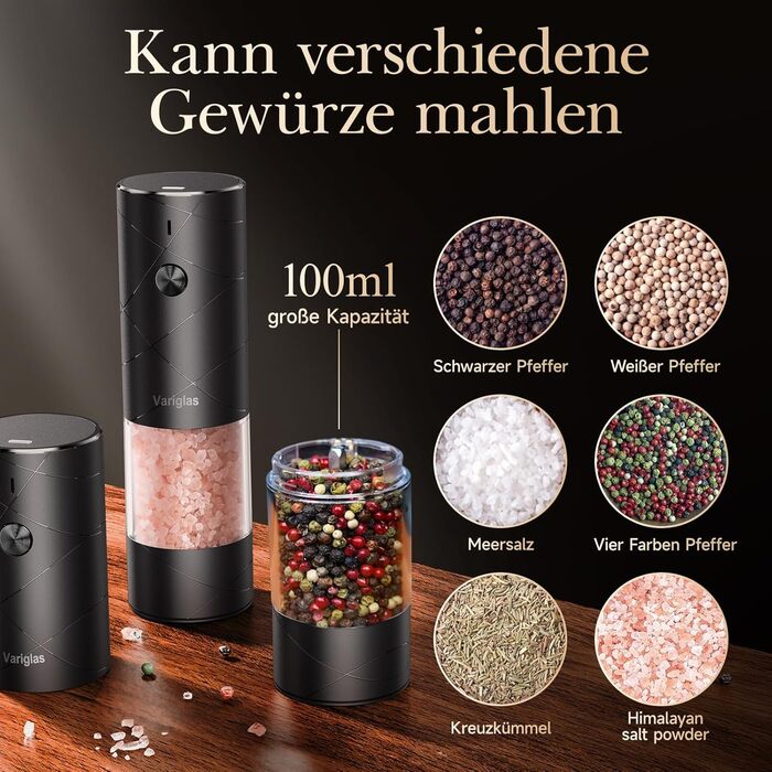 Variglas Salt and Pepper Mills Electric 2-Piece Set with USB Rechargeable, Improved Large Capacity Electric Spice Grinder, Adjustable Coarseness, LED Light (01B)