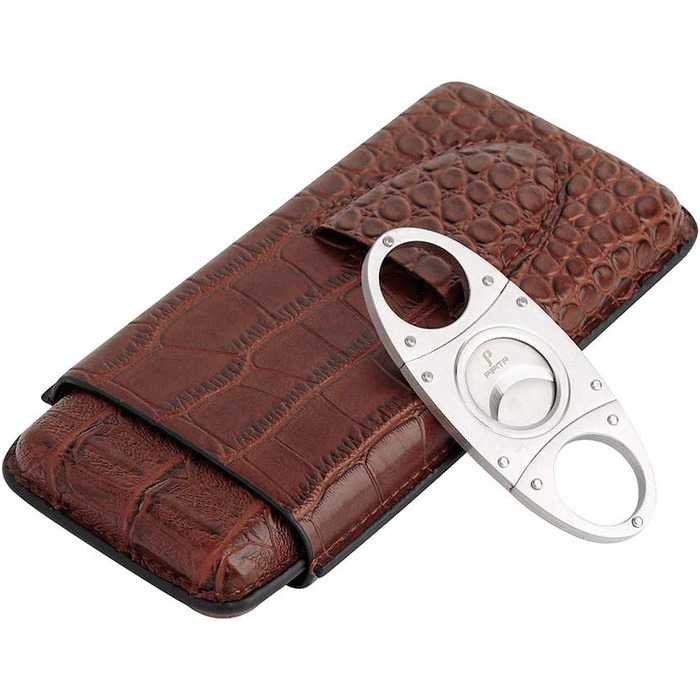 Вишуканий тютюнець PIPITA з натуральної шкіри крокодила для 3 сигар, з інтегрованим різаком та зручною сумкою для подорожей (колір: коричневий)