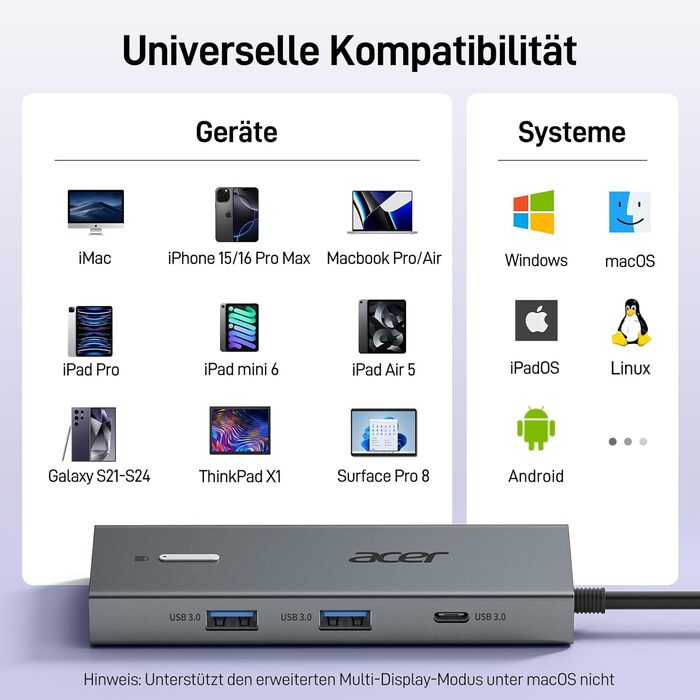 Док-станція Acer USB-C 9-в-1: Dual HDMI 4K@60Hz, 3xUSB-A, USB-C 5Gbps, 100W PD, SD/TF, для Dell, Chromebook, MacBook, Surface