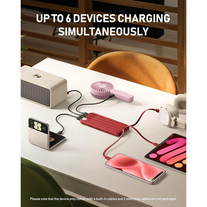 Powerbank Charmast 10000mAh з вбудованими кабелями, 6 виходів, 3 входи, USB-C, для iPhone, iPad, Samsung, червоний