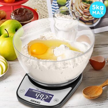 Ваги кухонні Duronic KS5000BKCR: цифрові, 5 кг, з мискою, точність 1 г, з функціями Tara та Hold