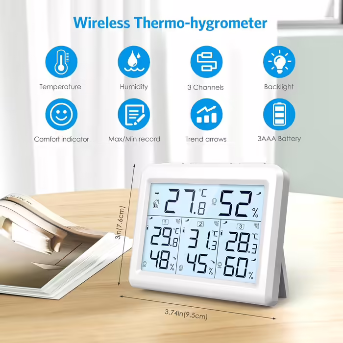 Brifit Hygrometer Thermometer, Indoor/Outdoor Humidity Meter with 3 Sensors, Digital Indoor/Outdoor Thermometer with Backlight, ℃/℉ Switch, MIN/MAX Display, for Office, Room - White