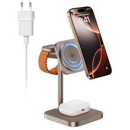 Станція зарядки LULULOOK Qi2 MagSafe 3 в 1 з алюмінію для Apple Watch та iPhone з підтримкою швидкої зарядки 15W (для iPhone 17 Pro Max/17 Pro/17 Air/17) та 5W (для Apple Watch Ultra, AirPods), титан