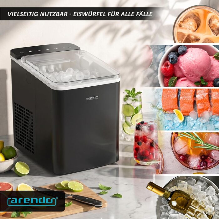 Льодогенератор Arendo Ice Cube Maker, 150 Вт, 12 кг льоду на добу, два розміри кубиків, автоматичне вимкнення, чорний