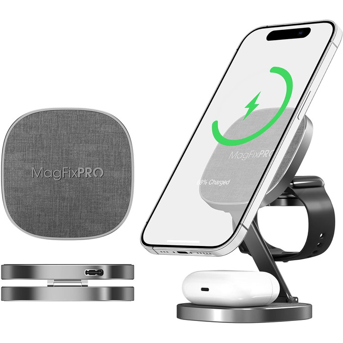 XLayer MagFix Pro 3 в 1 Зарядна станція MagSafe для iPhone 16/15/14/13/12, Apple Watch 5/6/7/8/9/SE/Ultra, бездротова, магнітна, складна, з підставкою