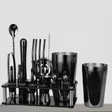 Набір для коктейлів Hansum, 20 предметів, нержавіюча сталь, чорний – професійний барменський набір зі стійкою