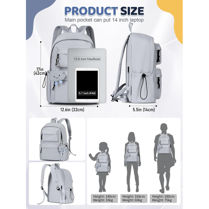 Жіночий рюкзак FIORETTO для дівчаток та хлопчиків, підходить для ноутбука 15.6 дюймів, з антикрадійним кишеням, ідеальний для школи, коледжу, подорожей, зелений (світло-сірий)