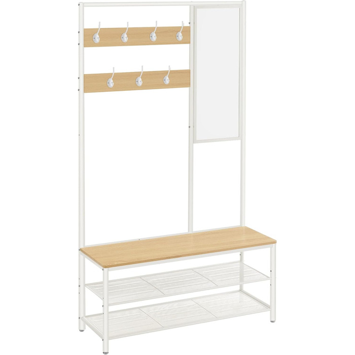 VASAGLE Clothes Rack, Coat Rack, Coat Stand with Hooks, Mirror, Bench, 35 x 98 x 180 cm, for Entryway, Bedroom, Living Room, Modern, Oak-White HSR415W09