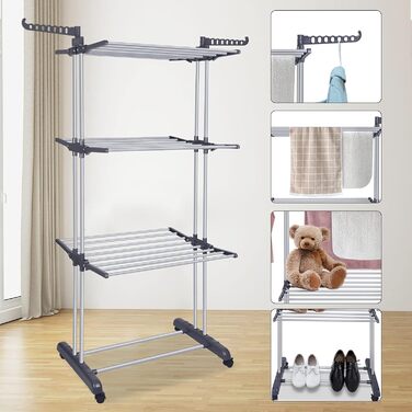 Bigzzia Clothes Rack Foldable 3 Tiers Stainless Steel Clothes Dryer Drying Rack with Two Side Wings Grey