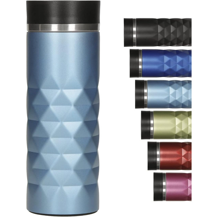 Термокружка Diamond з нержавіючої сталі 450 мл, Aquamarin Blue, з кнопкою, без BPA, витримує гарячі та холодні напої, витікання захищено, матова блискуча поверхня