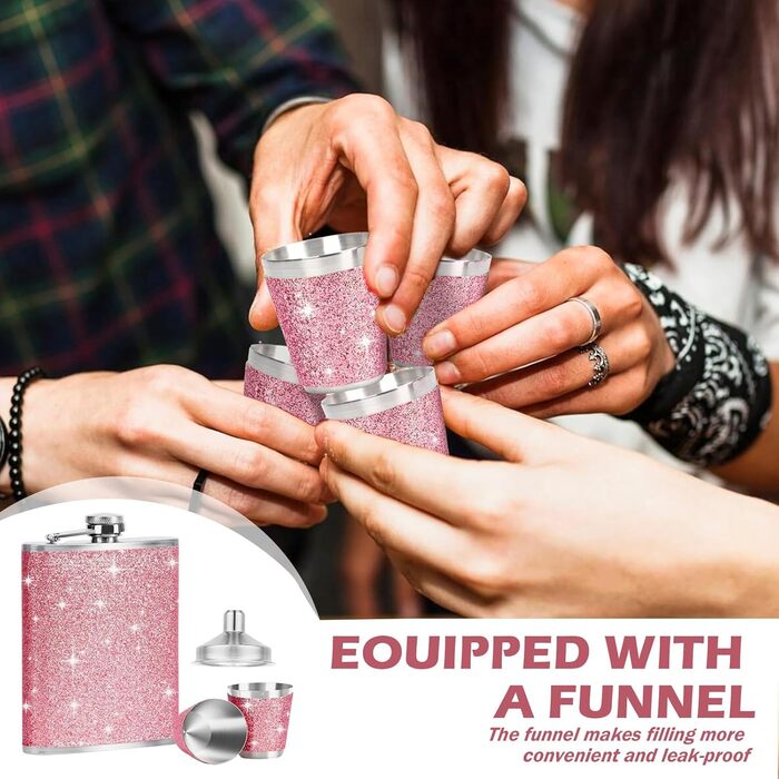 Набір фляг з нержавіючої сталі, рожевий, 8oz/240ml. Фляга з нержавіючої сталі та 2 склянки для шотів. Ідеально для подорожей, вечірок та подарунків.