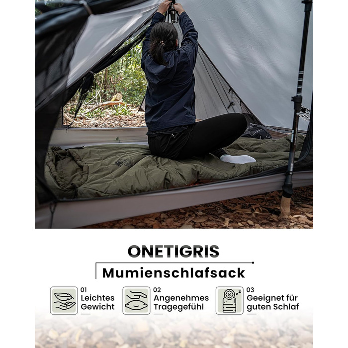 Сплячий мішок OneTigris для кемпінгу та подорожей: компактний, ультралегкий, 3 сезони, температурний режим -15°C до 8°C, матеріал: м'який, кокон, зелений