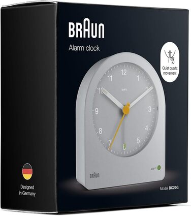 Braun Classic Analog Alarm Clock with Snooze Function and Continuous Backlight, Quiet Quartz Movement, Gradually Increasing Alarm Tone in Grey, Model BC22G.