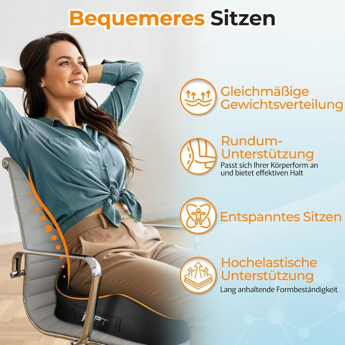 Подушка для сидіння PTYLO - ергономічна подушка для офісних крісел, автокрісел, інвалідних візків, геймінгових крісел, комфортна підтримка при тривалому сидінні, для вагітних, дихаюча, з антиковзаючим покриттям (Чорний)