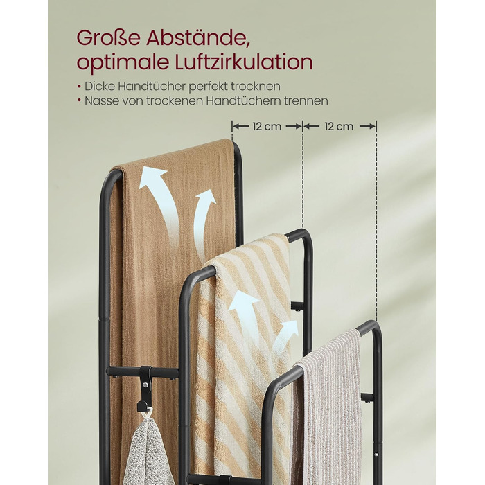 Підставка для рушників VASAGLE, стояча, 3-х рівнева, 70 x 30 x 100 см, з 2 гачками та полицею, чорний + чорне дерево, LLS019B01