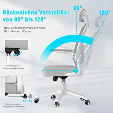 Офісний крісло Rattantree: ергономічне, з регульованою підголівником, підлокітниками та підтримкою попереку, регулювання висоти, дихаюча спинка, сіре