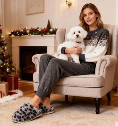 Тапочки зимові для жінок та чоловіків, теплі, з плюшем, з пам'яттю форми, антиковзкі, унисекс, розмір 40.5/42 EU, сірий леопард