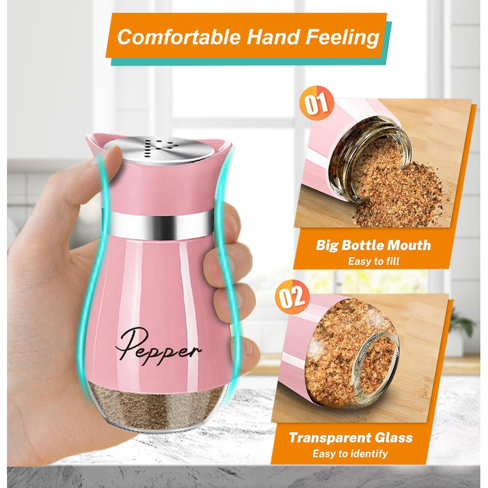 Набір для солі та перцю з нержавіючої сталі з скляною пляшечкою, дозатор спецій, кухонне приладдя для дому, кухні, ресторану, обіднього столу (Рожевий)