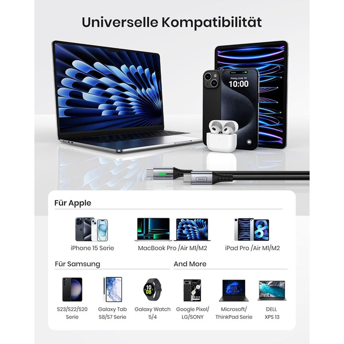 Кабель USB-C 100W, 2м, чорний: для iPhone, Samsung, Pixel, iPad, MacBook