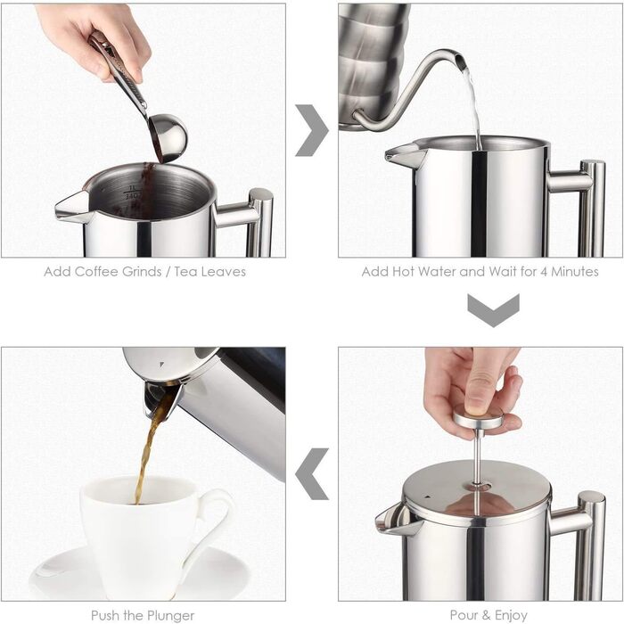 MaxMiuly French Press Coffee Maker 1.5 Liter Stainless Steel, Double-Walled Insulated French Press Coffee Pot with 2 Extra Filters, Silver 1500ml 1500ml Silver