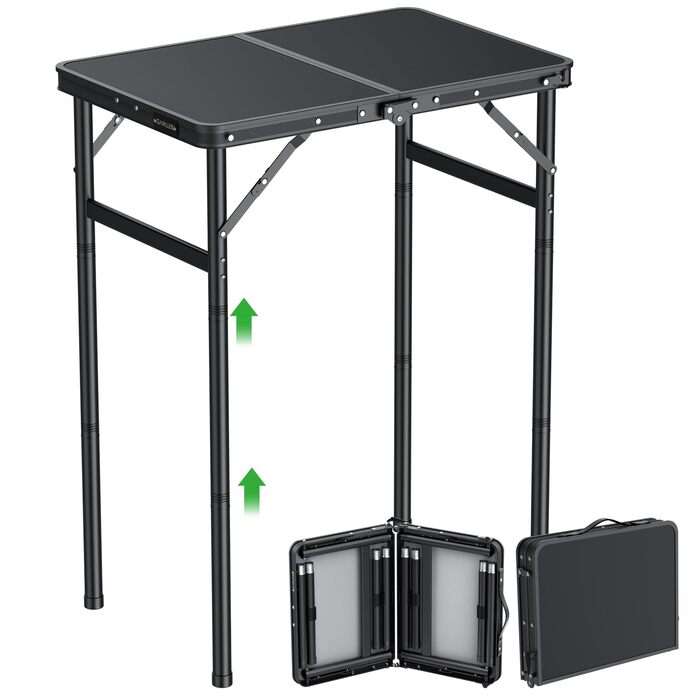 Складний кемпінговий стіл GARLLEN 60x40 см, регульована висота (27/51/75 см), чорний - для пікніка, саду, балкону, пляжу