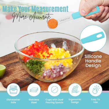 Nextop 14-Piece Stainless Steel Measuring Cup and Spoon Set with All Stackable Sizes and Levelers for Dry Ingredients, Complete Set for Kitchen & Baking Measuring Tools (Aqua Sky Blue Set)