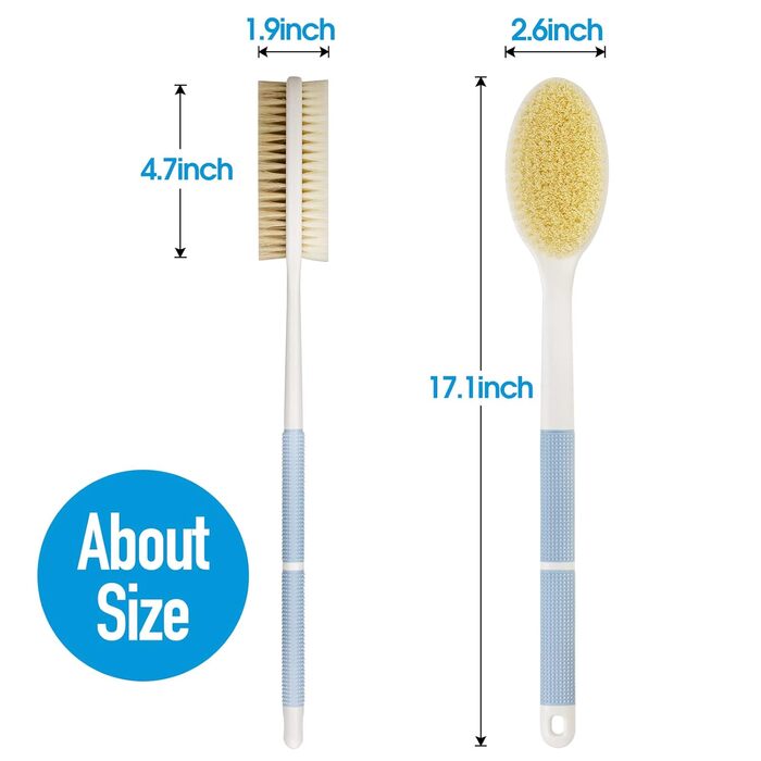 Back Scrubber with Anti-Slip Grip - Long Handle Body Brush for Shower & Bath - Exfoliator with Stiff & Soft Bristles