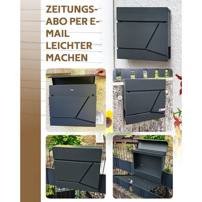 Поштовий ящик Anthrazit з нержавіючої сталі з відділенням для газет (37x37x10 см), персоналізований з табличкою для імені, стійкий до погодних умов, наклейки проти небажаної реклами, настінний поштовий ящик