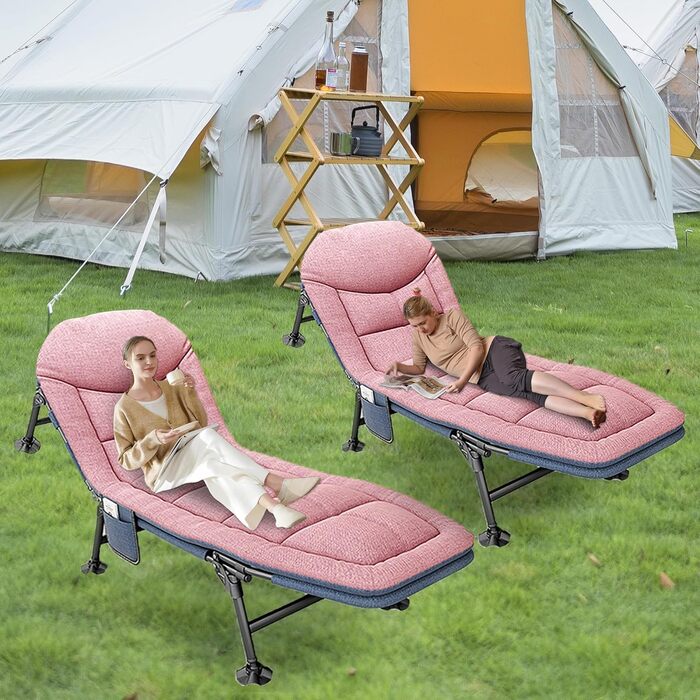 Розкладне ліжко-крісло для кемпінгу з матрацом, регульована спинка, 65x190x30 см, 1-місне, рожевий (2 шт.)