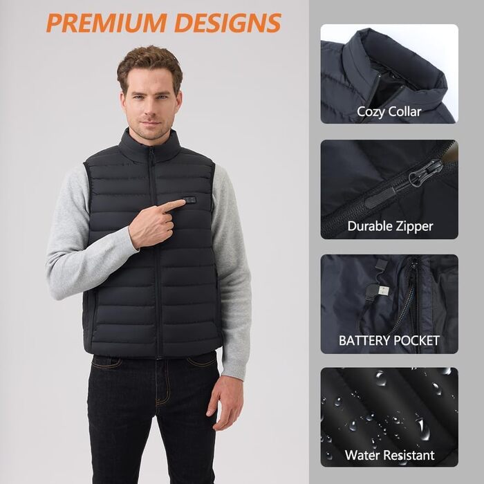 Обогревна жилетка для чоловіків та жінок: тепла зимова жилетка з підігрівом, акумулятор 5V 10000mAh, 3 режими температури, придатна для прання, для активного відпочинку, чорний M