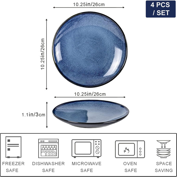 Набір тарілок UNICASA 4 шт. з порцеляни, 16 см, ідеально підходять для супу, десерту, сніданку, сервіз на 4 персони (26 см, блакитний)