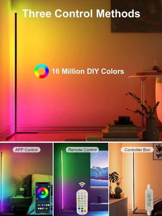 LED-підлогова лампа DeeprBling для вітальні, 165 см, кутова RGB, з регулюванням яскравості, пультом та додатком, 16 мільйонів кольорів, музичні режими, DIY-режим та таймер для спальні, ігрової кімнати, офісу, читального залу. Трикутна основа.