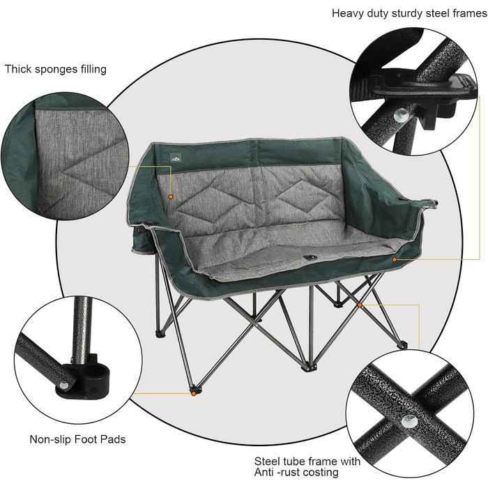 Розкладний крісло-диван Northroad для кемпінгу на 2 особи, портативне, м'яке, для саду, пікніків, пляжу, подорожей (темно-зелене)