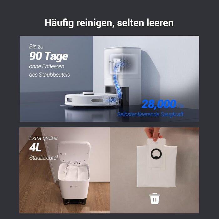 EZVIZ Re4 Plus: Розумний робот-пилосос 3-в-1 з автоматичним очищенням, WiFi, LiDAR, 4000 Pa, керування через APP/Alexa/Google