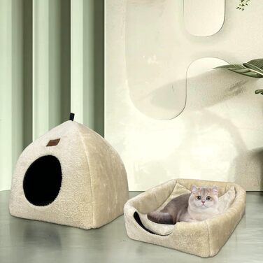 Кішка-будиночок для дому: затишна печерка з м'яким, пральним подушечкою. Розкладне ліжко для котів 40x40x35 см (Бежевий)