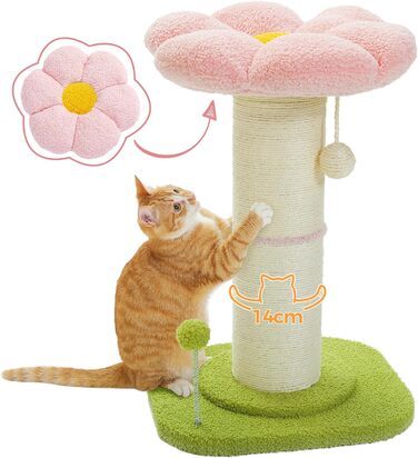Flower Cat Tree - Small Cat Tree for Indoor Cats with Super Thick Scratching Post [Dia=14cm], Detachable Flower Cat Bed, Feather Ball - Pink