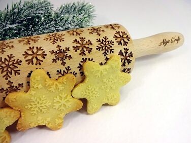 Snowflake Rolling Pin with Pattern Christmas Baking - Dough Roller Wood for DIY Christmas Cookies and Ceramics - Engraved Cookie Roller with Motif - 3D Cookie Roller by Algis Crafts