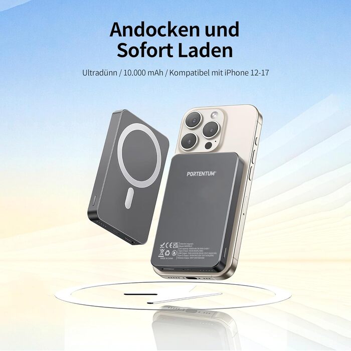 Портативний зарядний Power Bank Portentum MagSafe 10000 mAh: Швидка зарядка 22.5W, Qi 15W, USB-C, USB-A, Ultra-Slim 14mm для iPhone, Samsung, смартфонів, планшетів