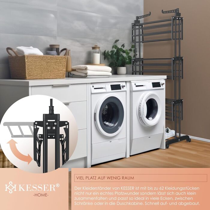 Кесер® Сушилка для білизни з колесами - тур-модель, 4 яруси, 2 обертові крила, 6 розкладних рівнів, білий/антрацит (чорний)