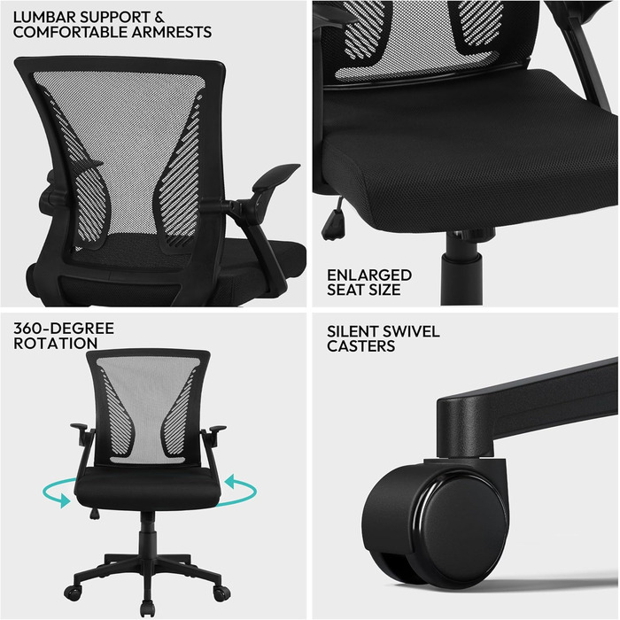 Офісне крісло Yaheetech ергономічне, комп'ютерне крісло з сітчастою спинкою, крісло для офісу з підлокітниками, крісло керівника з сітки, регульоване по висоті, вантажопідйомність 136 кг, дихаюче, функція гойдання (Чорний, відкидні підлокітники)